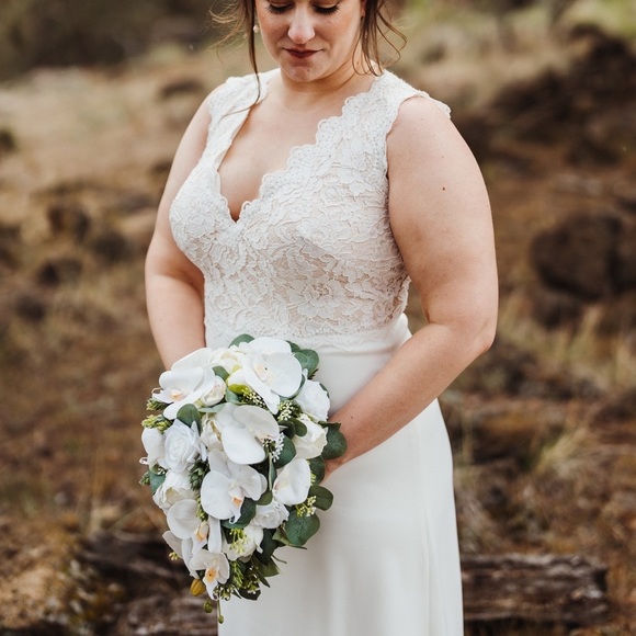 Eucalyptus Cascade Bridal Bouquet - Real Touch Orchids, Roses, Peonies, Hops - Picture 4 of 6